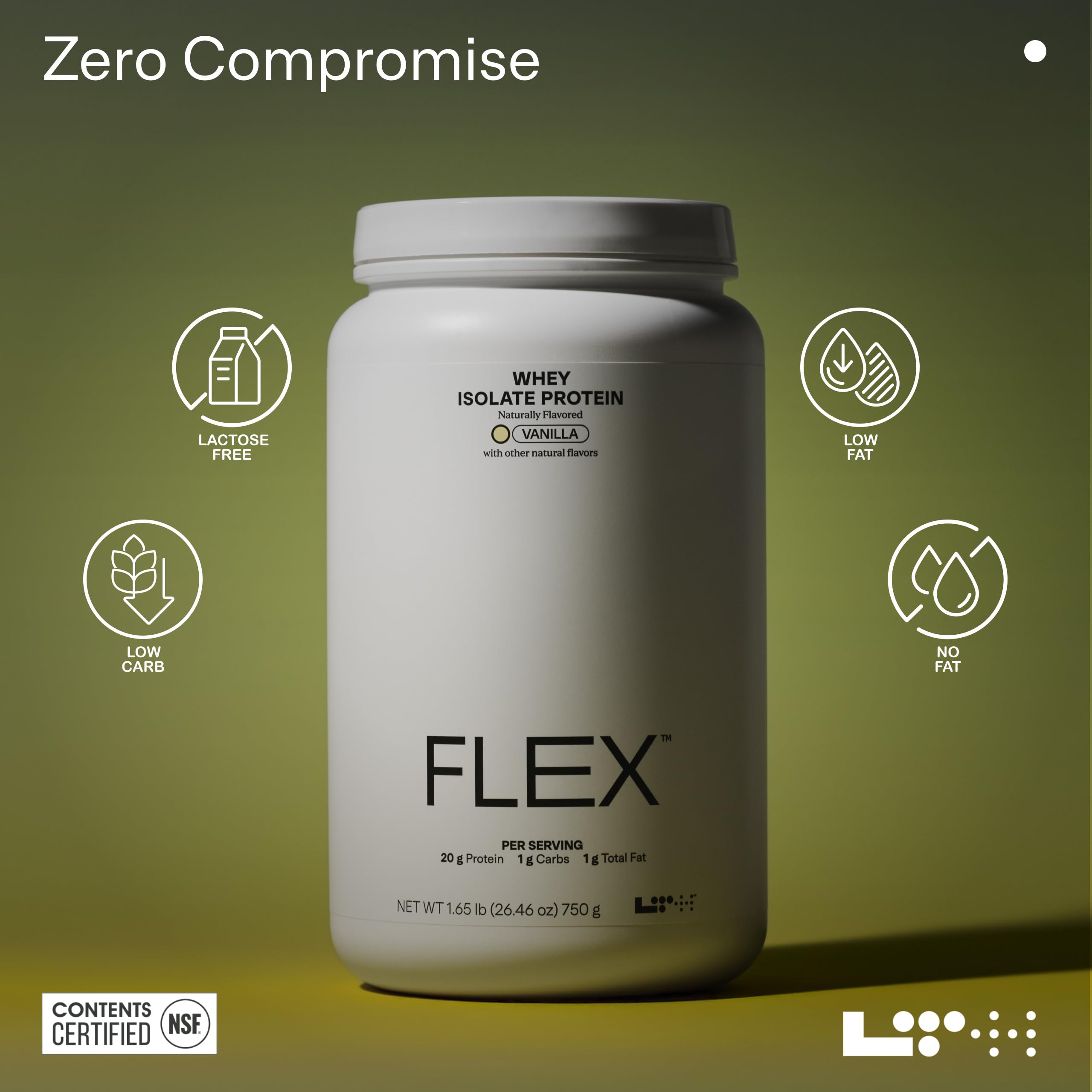 LTH Flex Whey Isolate vanilla nutrition-facts panel highlights low carb and sugar-free profile