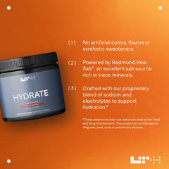 LTH Hydrate label features plant-based, dairy-free, non-GMO attributes.