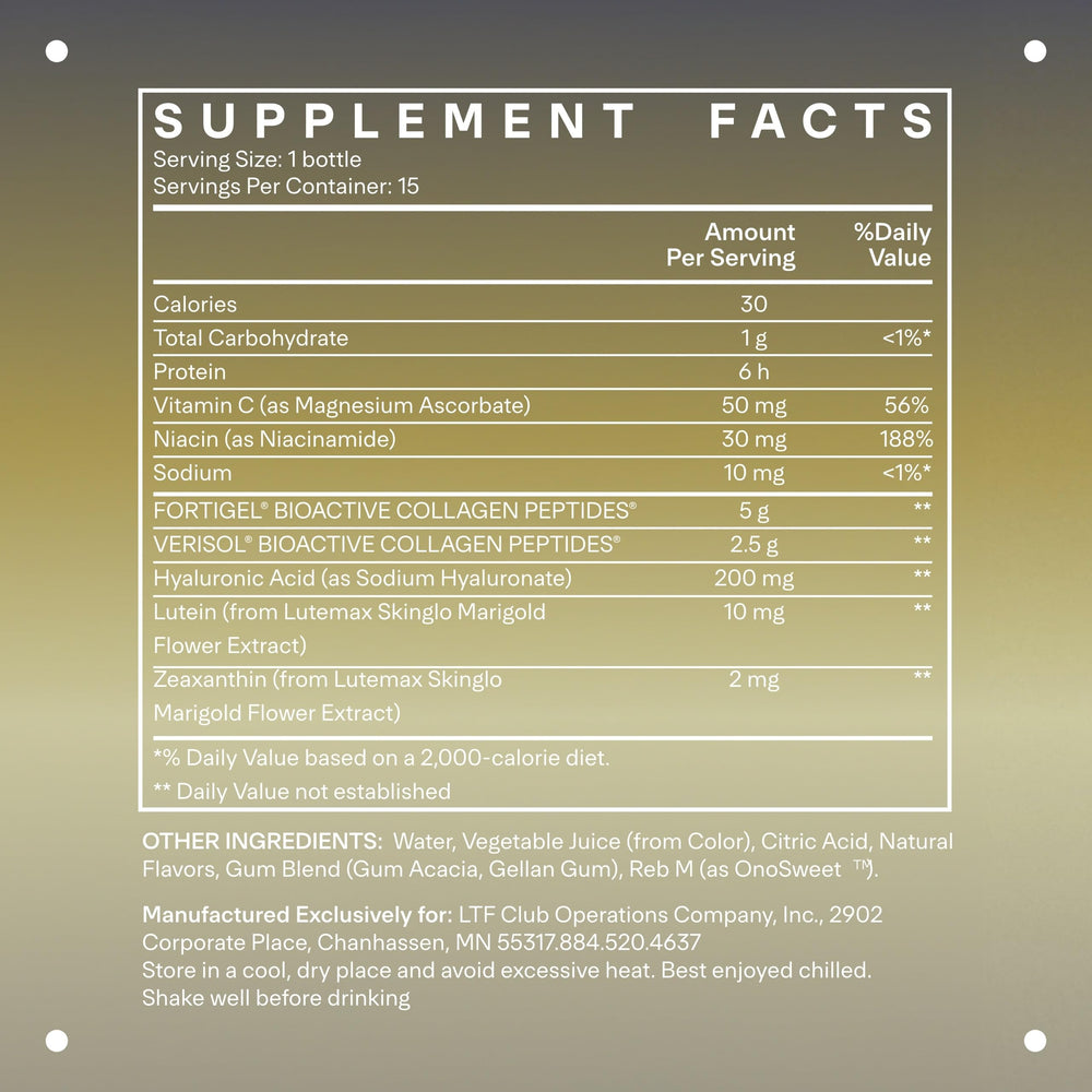 Close-up of LTH Rewind Collagen Elixir label highlighting NSF certification and clean ingredients