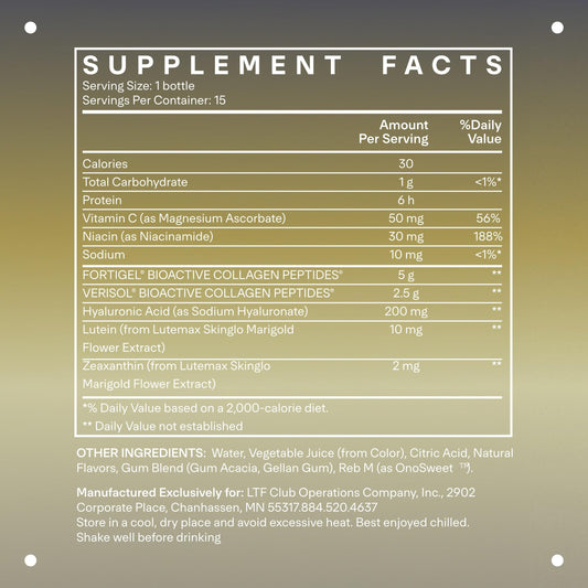 Close-up of LTH Rewind Collagen Elixir label highlighting NSF certification and clean ingredients