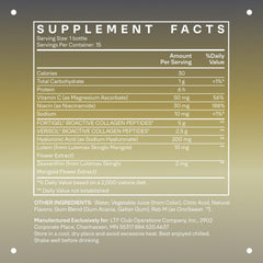 Close-up of LTH Rewind Collagen Elixir label highlighting NSF certification and clean ingredients