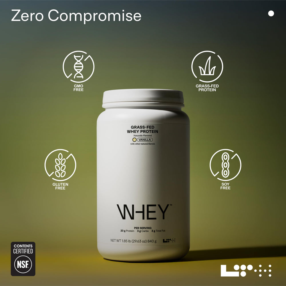 LTH Whey Protein vanilla ingredients panel highlights clean grass-fed protein source.
