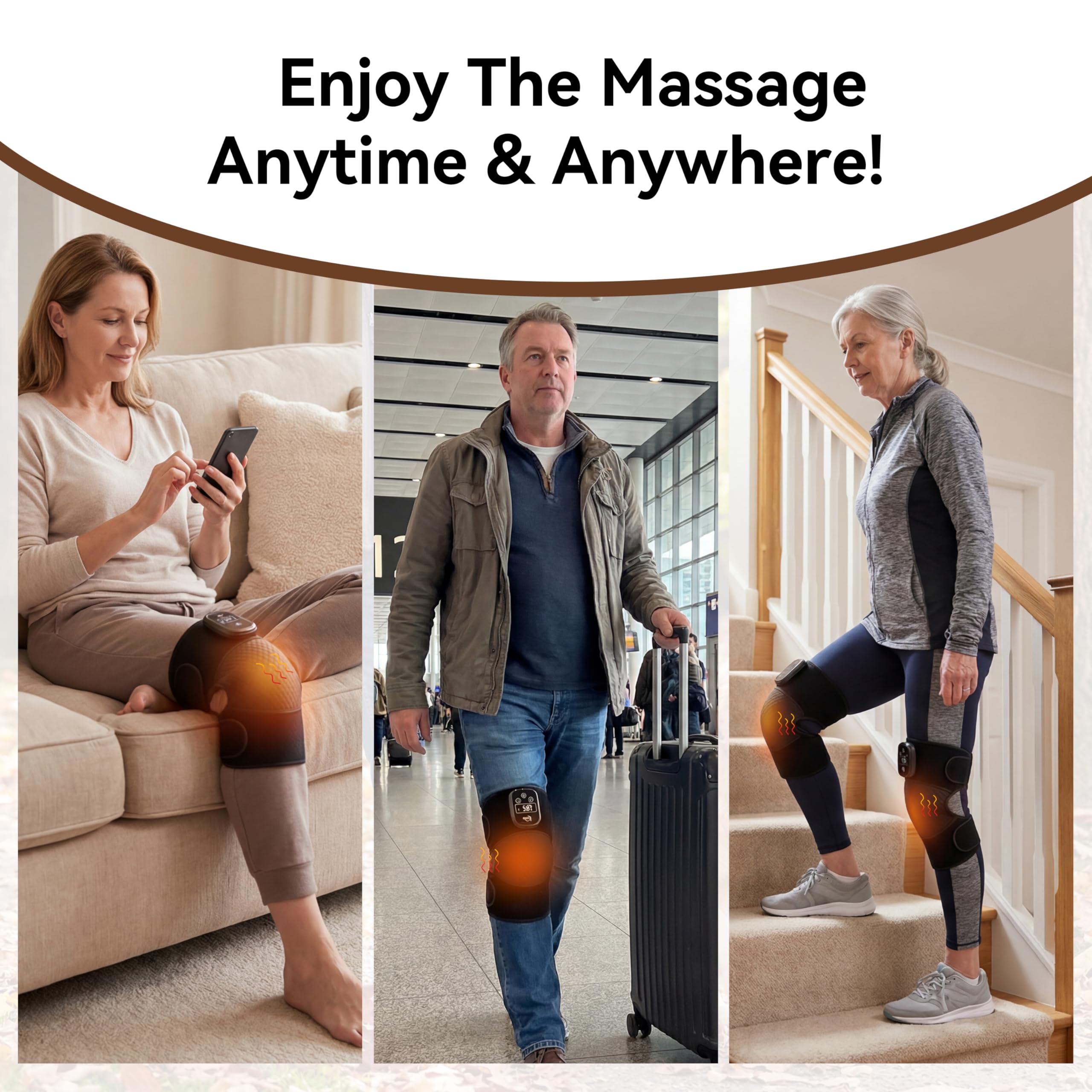 User wearing the massager on the knee for soothing warmth