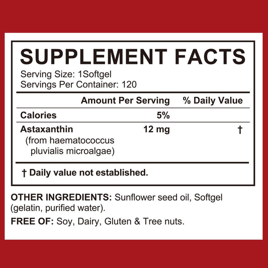 LTQXGT Astaxanthin softgel label close-up, gluten-free and clean formula.