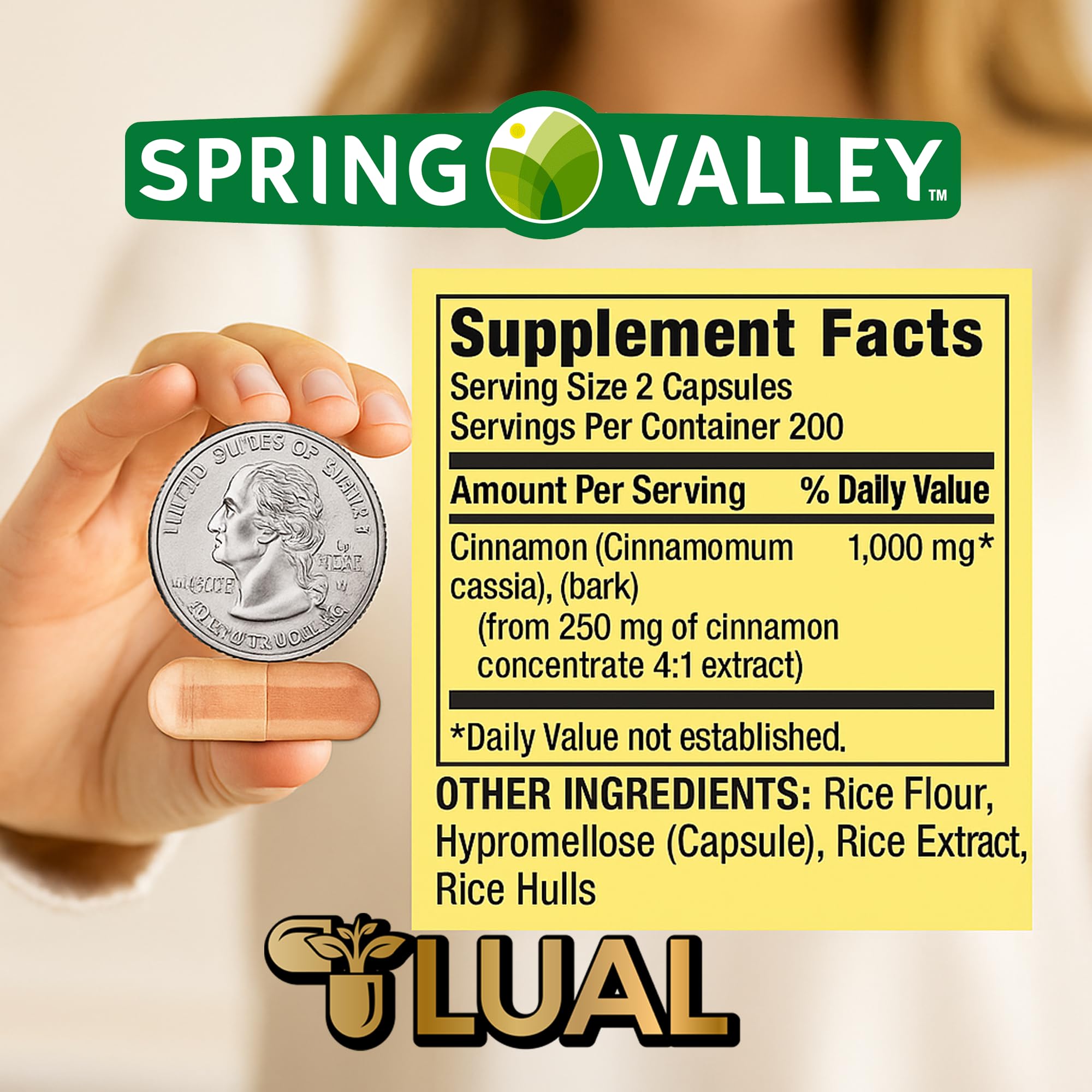 LUAL cinnamon ingredients panel highlights organic cinnamon bark powder