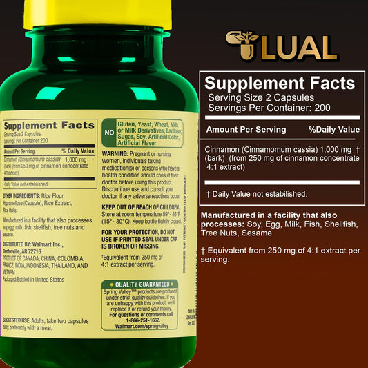 LUAL cinnamon bottle closeup shows capsule form for easy dosing