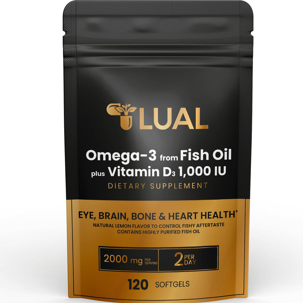 LUAL Omega-3 bottle with softgels for daily wellness