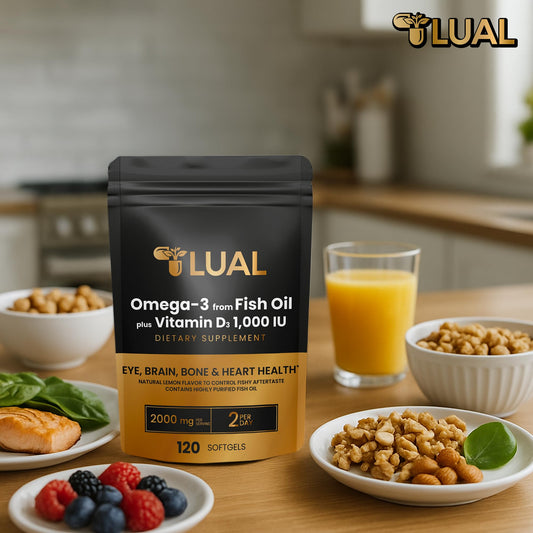 Close-up of LUAL Omega-3 label showing omega-3 content
