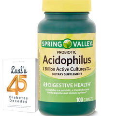 LUAL Spring Valley Acidophilus bottle with 100 caplets, supports daily digestive balance.