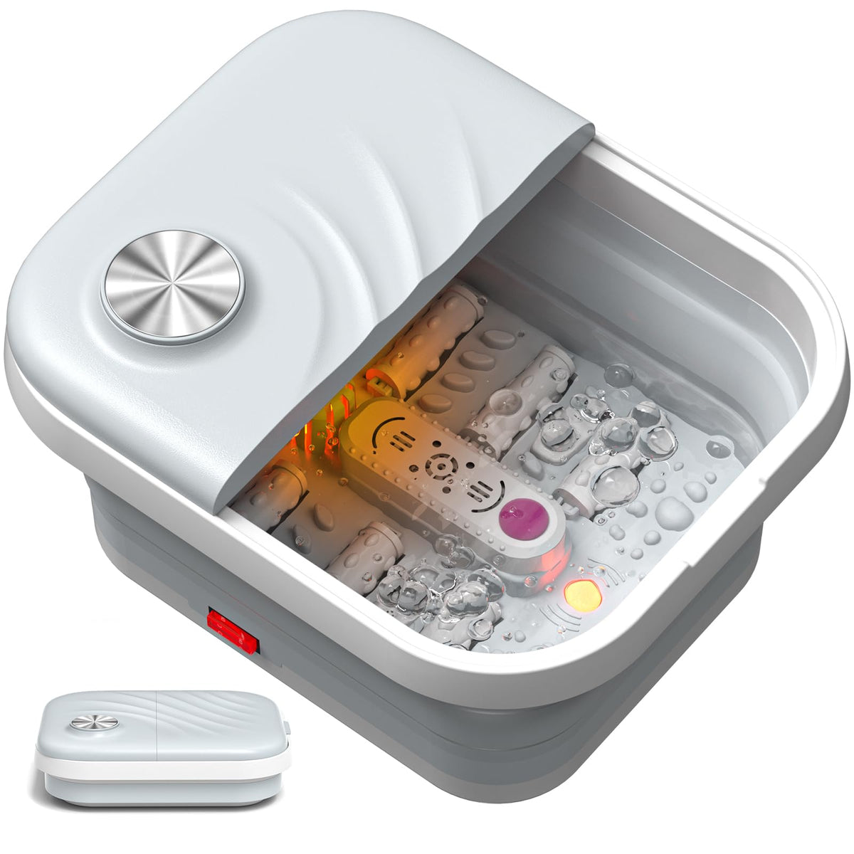 LUBBYGIM collapsible heated foot spa bath showing quick heat feature for soothing soaks