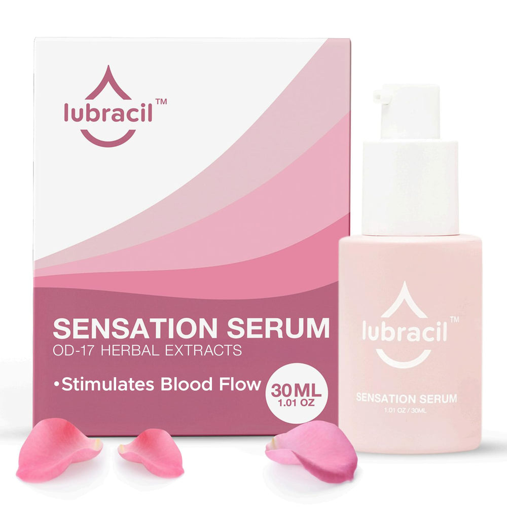 Lubracil Sensation Serum bottle closeup showing rich hydration for the skin.