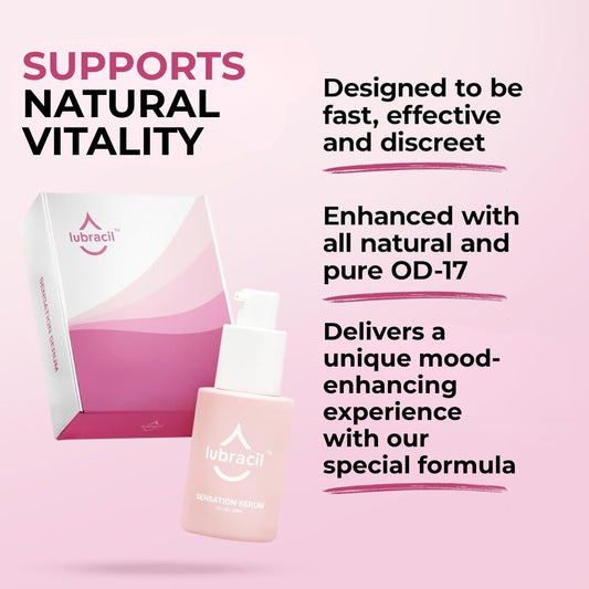 Lubracil Sensation Serum drops on skin demonstrating quick absorption and moisture.