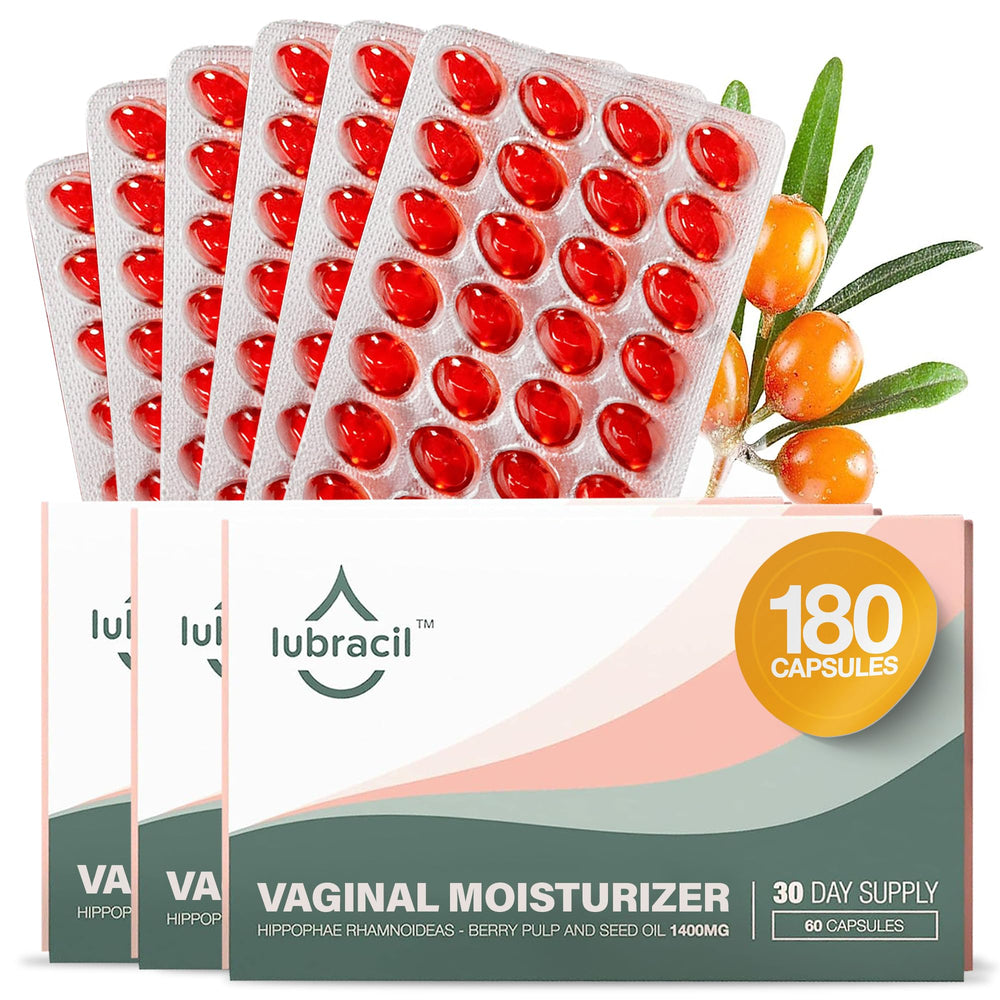 Lubracil vaginal moisturizer pills bottle with sea buckthorn for daily hydration.