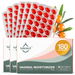 Lubracil vaginal moisturizer pills bottle with sea buckthorn for daily hydration.