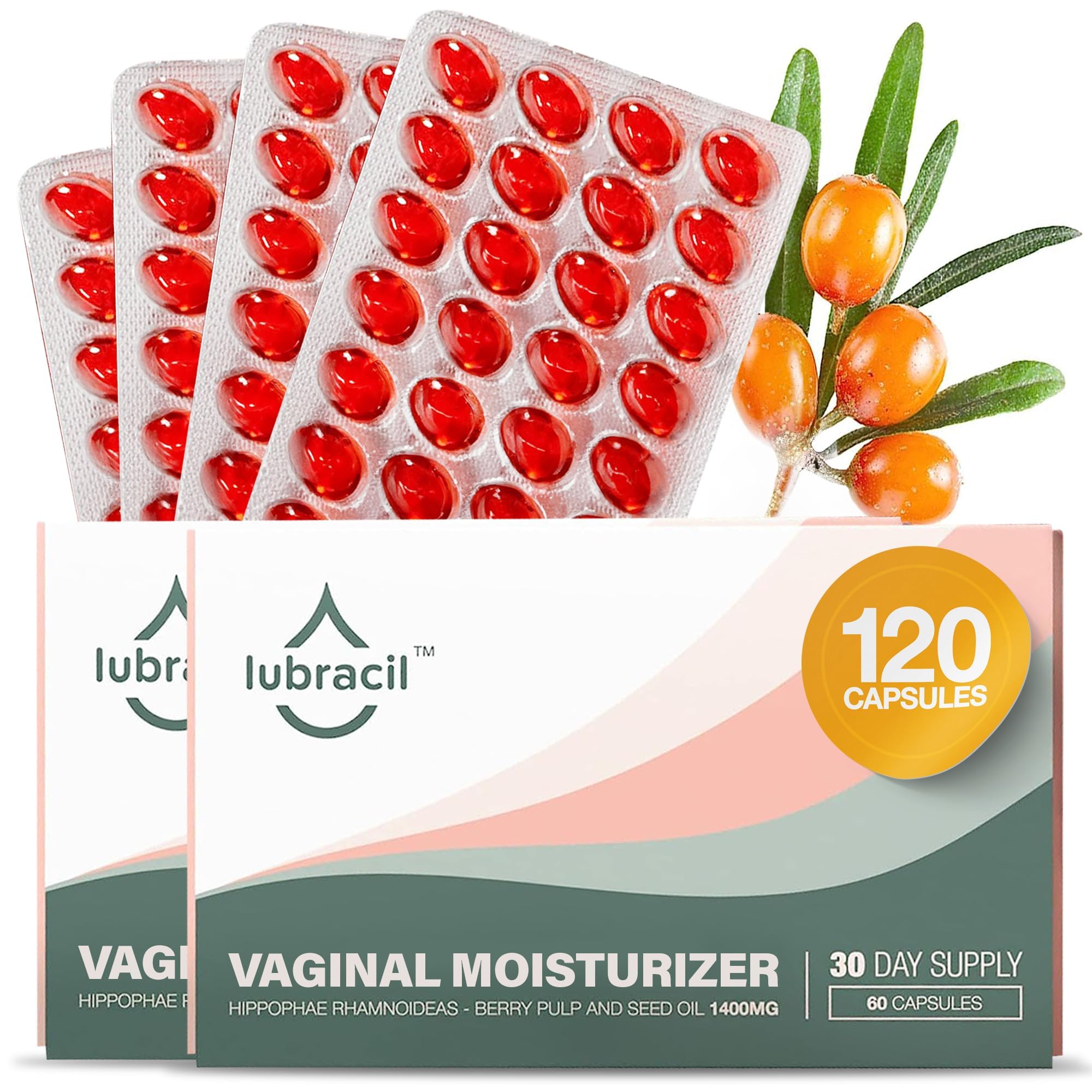 Lubracil vaginal moisturizer pills with sea buckthorn oil for daily hydration support.