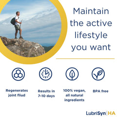 Icons highlight vegan and gluten-free attributes of Lubrisyn HA with MSM.