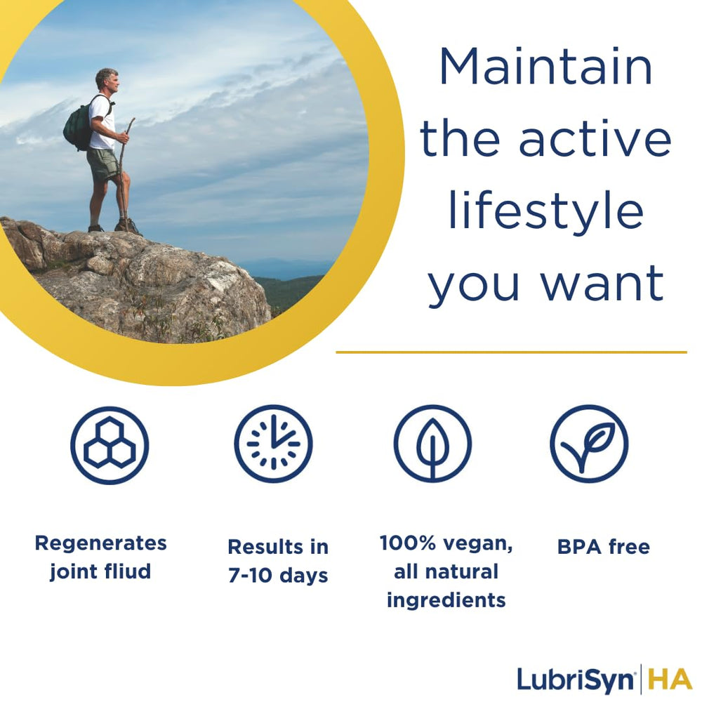 Person holding LubrisynHA bottle indicates easy daily intake for active adults.