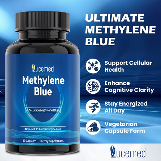 Lucemed Methylene Blue bottle packaging showing UV-protective packaging