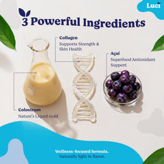 Luci Nutrition Colostrum Powder with collagen peptides emphasizes skin, hair, and nails health.