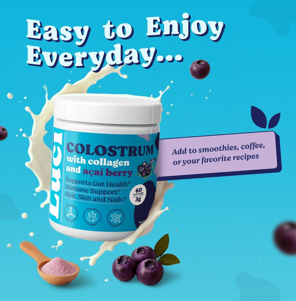 Luci Nutrition Colostrum Powder measuring scoop shows easy daily portion control for convenient nutrition.