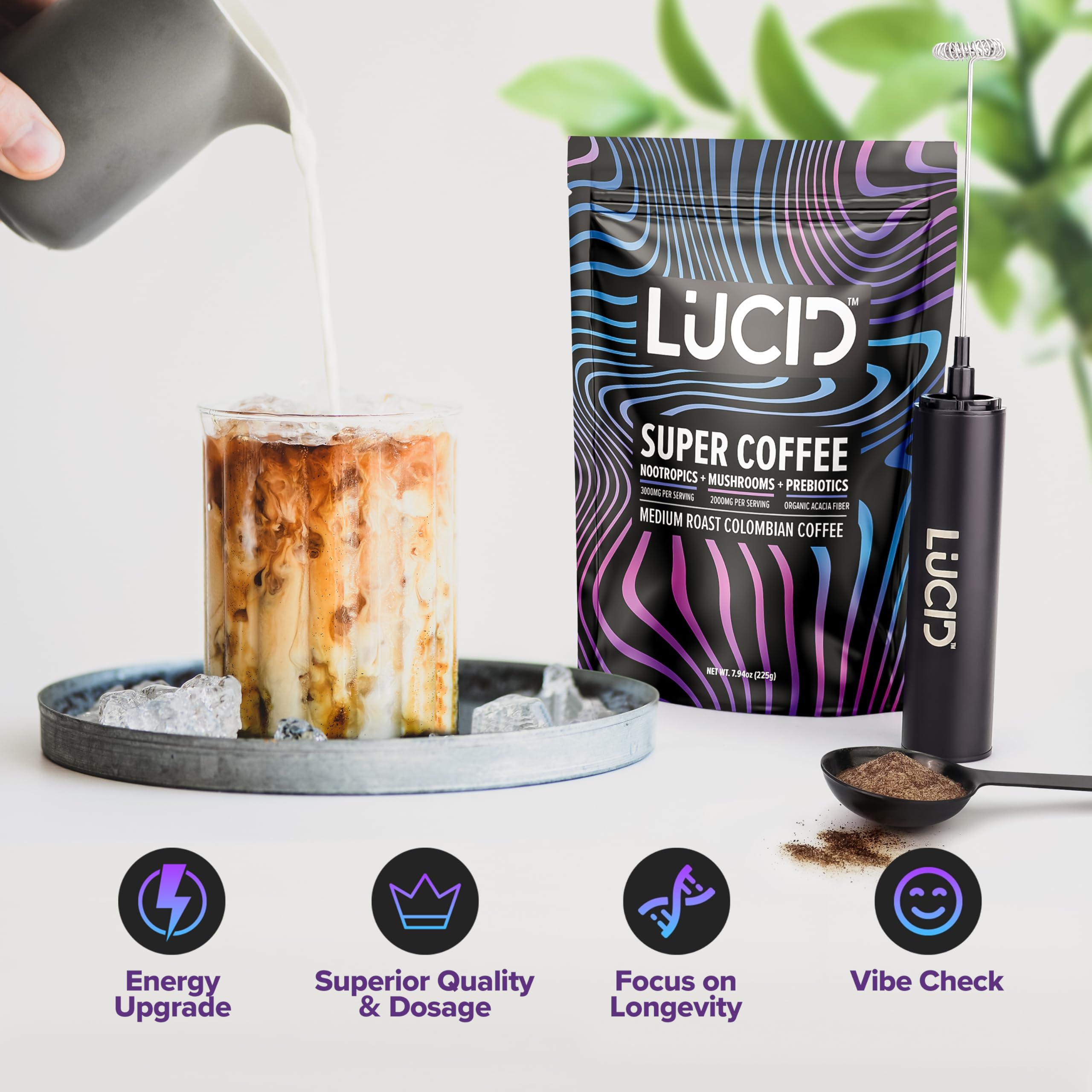 Lucid mushroom coffee Ginkgo Biloba bottle emphasizes herbal benefits