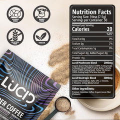 Lucid mushroom coffee L-Theanine drops visual indicates calming focus notes