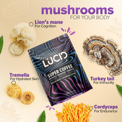 Lucid mushroom coffee with Turkey Tail closeup shows rich, earthy aroma