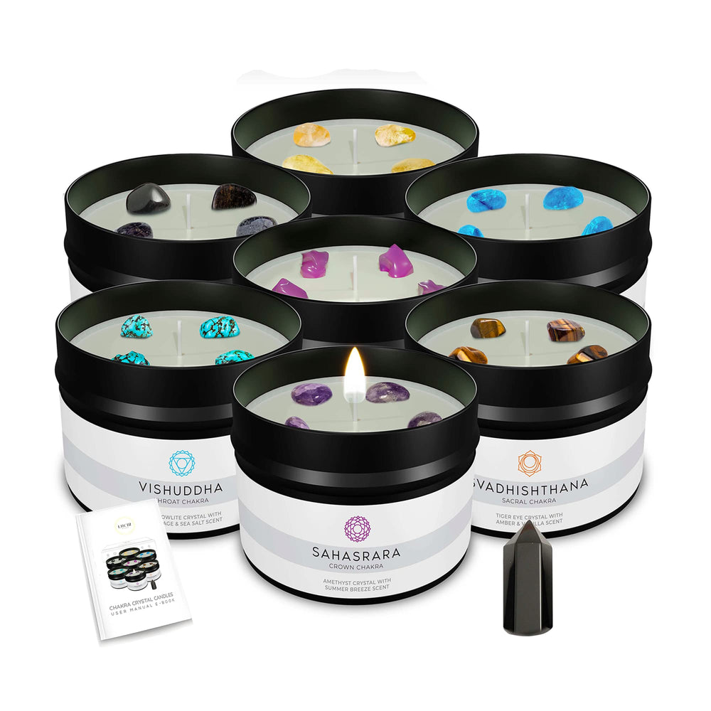 Lucir Store Healing Chakra candle with amethyst for crown chakra balance and serenity.