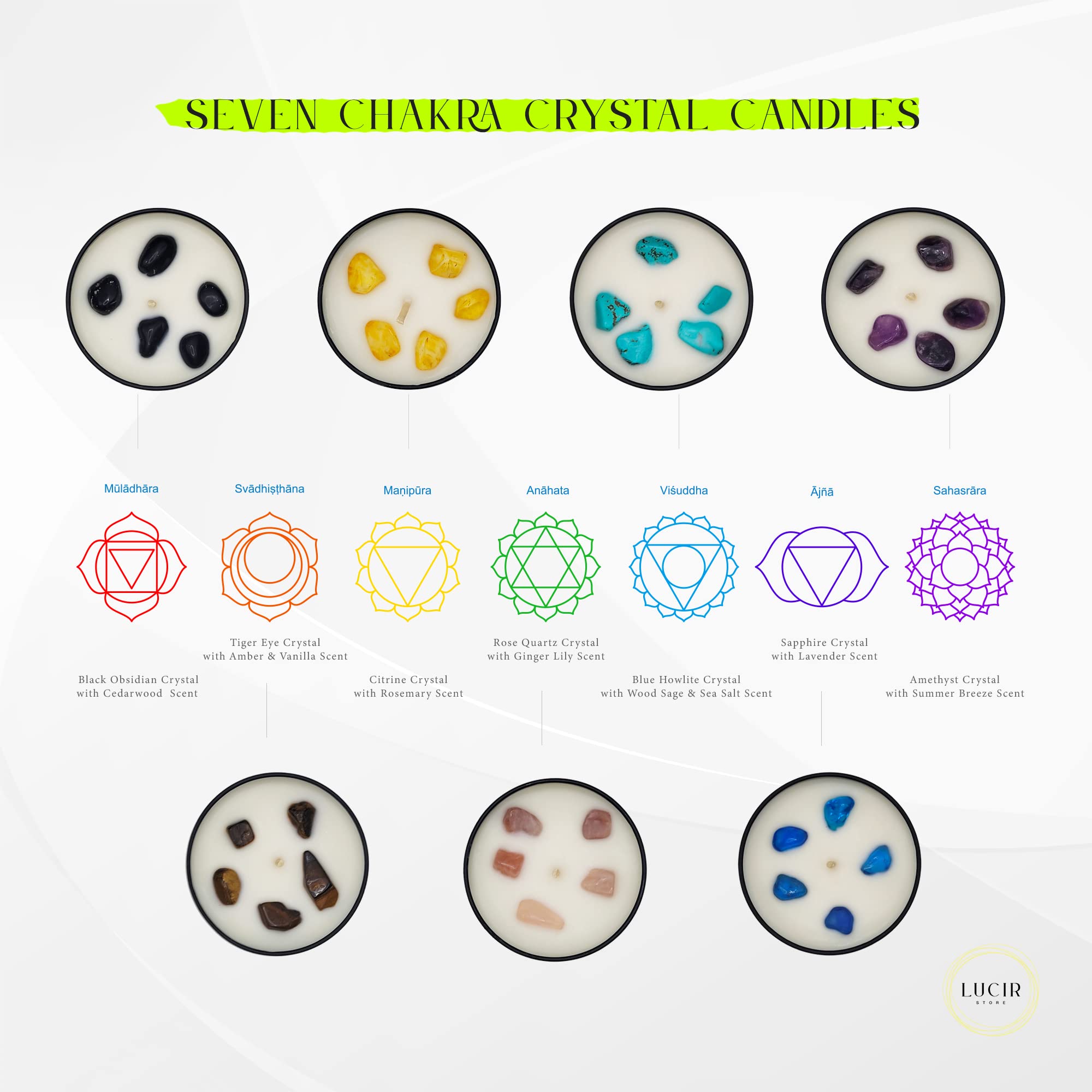 Lucir Store Healing Chakra candle with blue howlite supports throat chakra calm and communication.