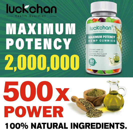 LUCKCHAN hemp gummies bottle side shows potency label for clear dosing.