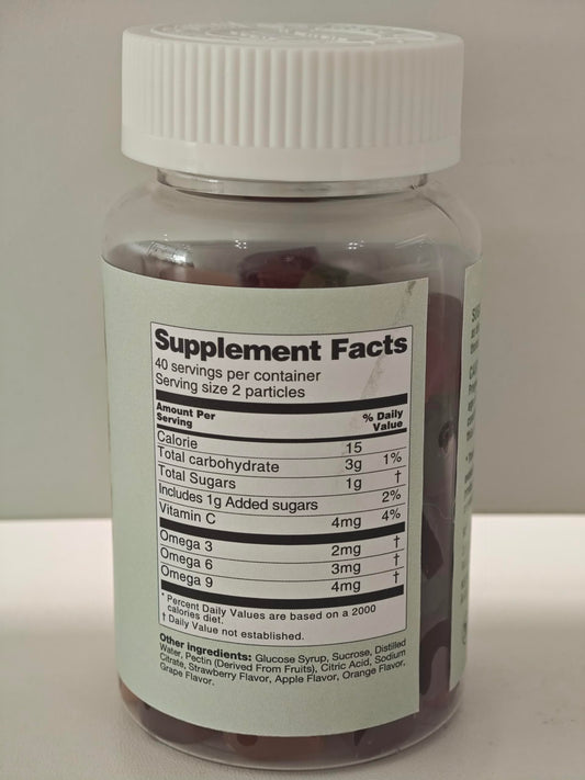 LUCKCHAN Omega Gummies bottle closeup showing all-natural flavors and smooth texture