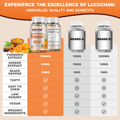 LUCKCHAN Turmeric Curcumin Gummies closeup demonstrates easy chewable daily supplementation.