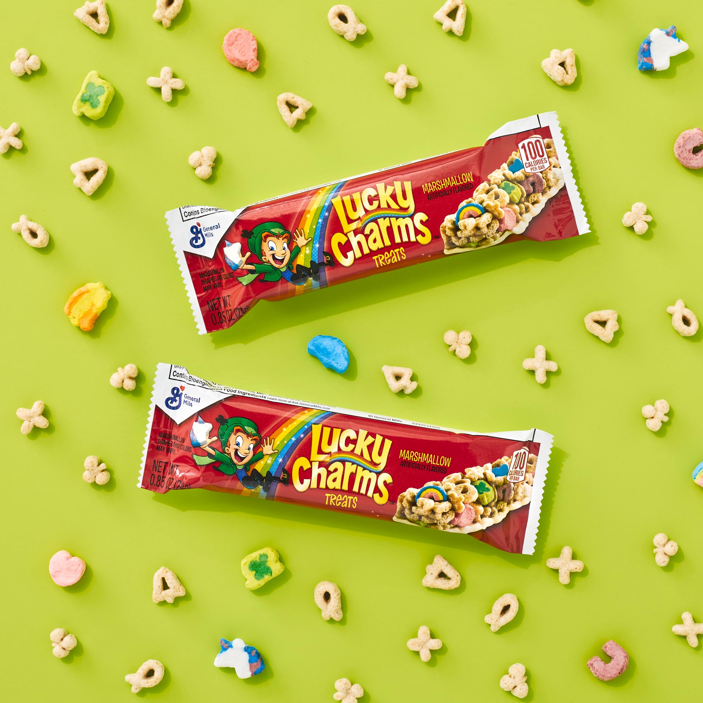 Lucky Charms Treat Bars depicting horseshoes offer a crunchy, satisfying energy boost.