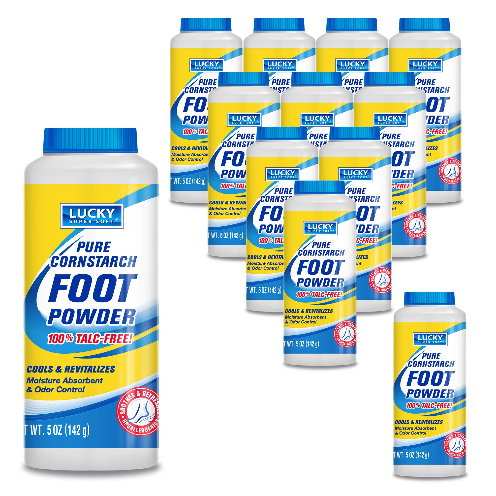 Lucky Super Soft cornstarch foot powder bottle demonstrates moisture absorption and odor control.