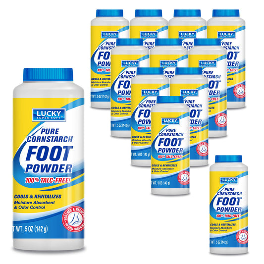 Lucky Super Soft cornstarch foot powder bottle demonstrates moisture absorption and odor control.