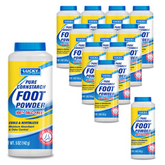 Lucky Super Soft cornstarch foot powder bottle demonstrates moisture absorption and odor control.