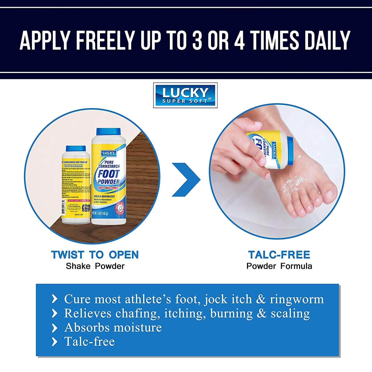 Lucky Super Soft powder dispensing action shows easy, even dusting on feet.