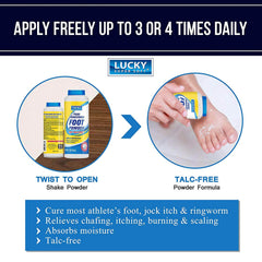 Lucky Super Soft powder dispensing action shows easy, even dusting on feet.