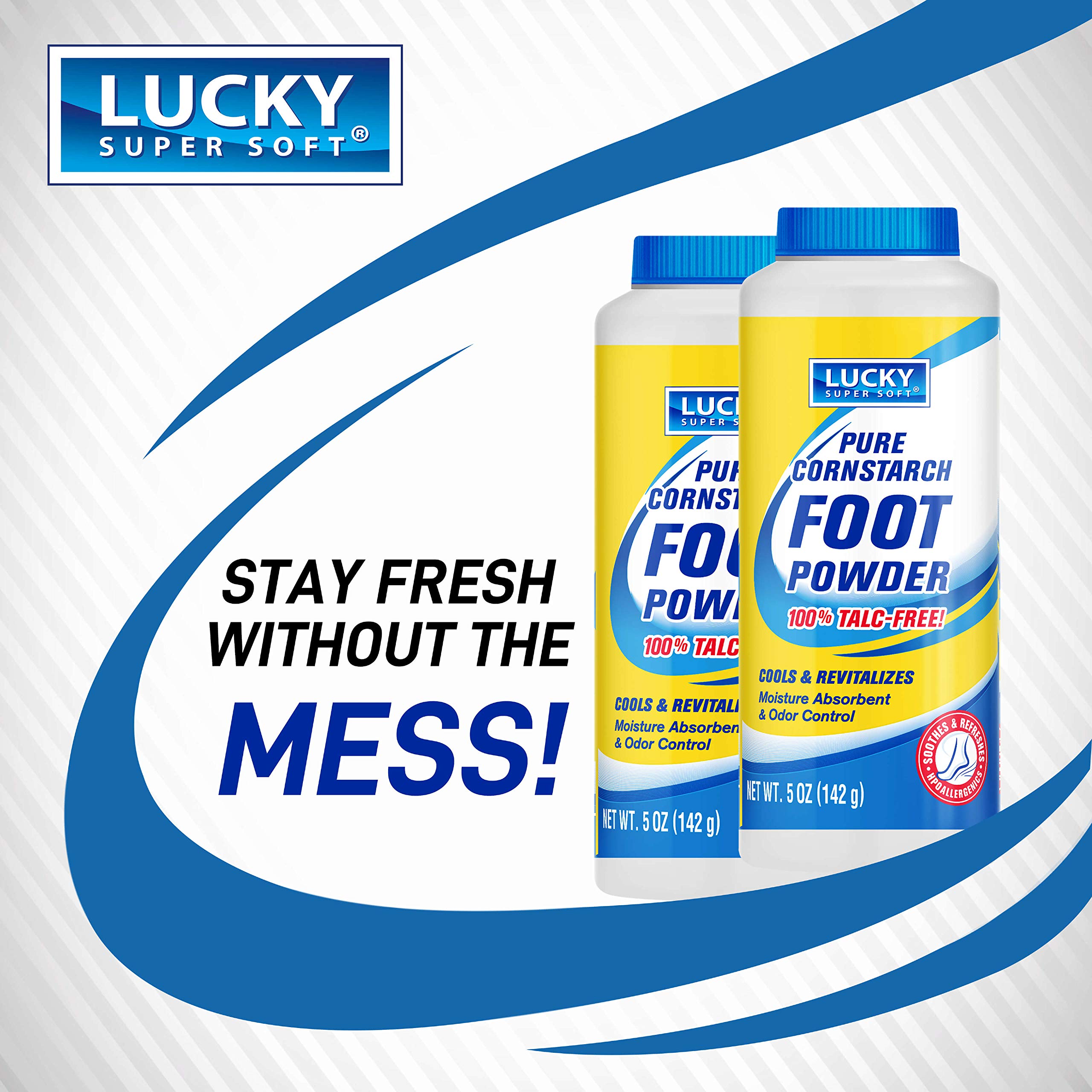 Lucky Super Soft foot powder packaging box highlights talc-free formula for sensitive skin.