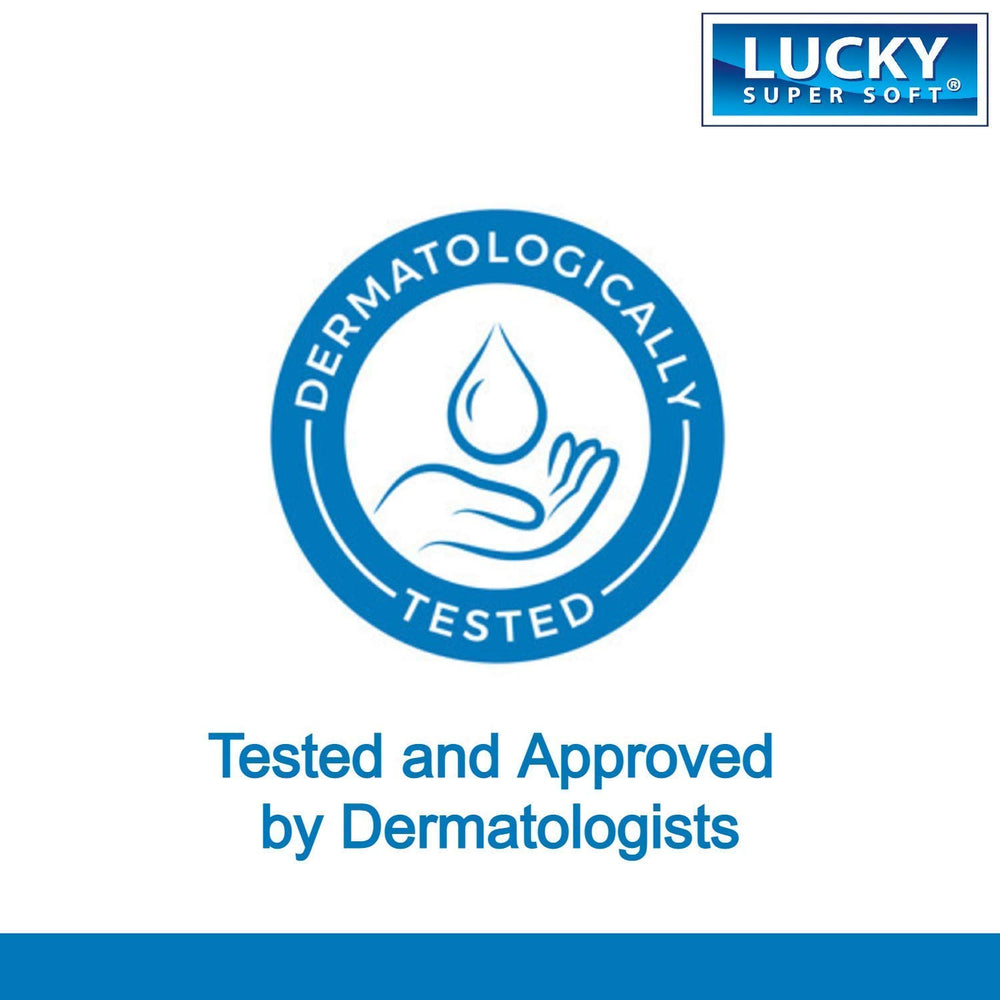 Lucky Super Soft label highlighting unscented formula for sensitive skin.