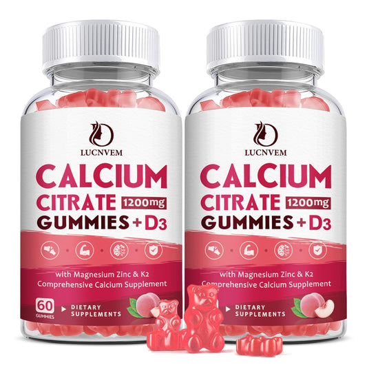 LUCNVEM calcium citrate gummies bottle front in peach flavor for daily bone support