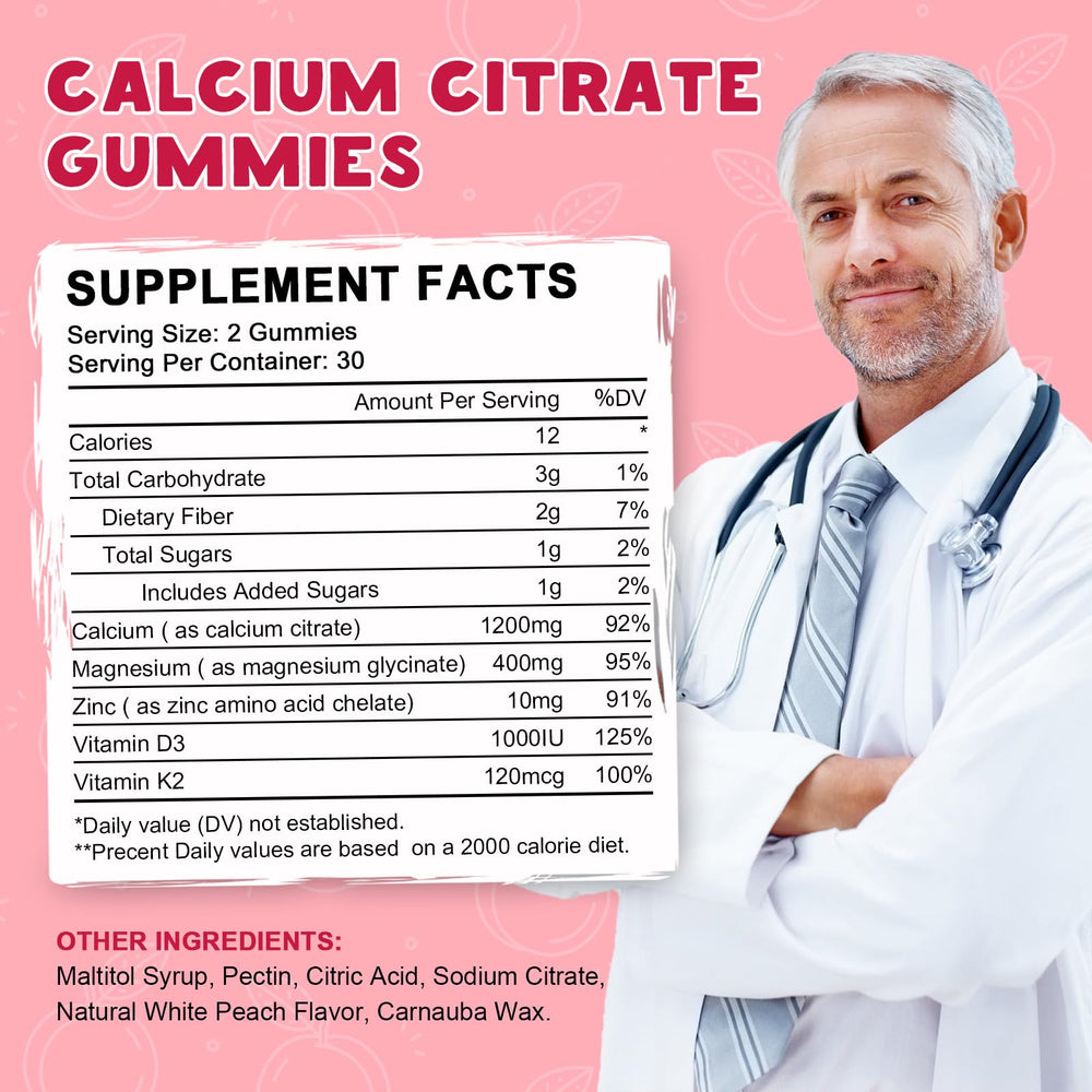 LUCNVEM peach-flavored gummies provide convenient calcium with D3 and K2
