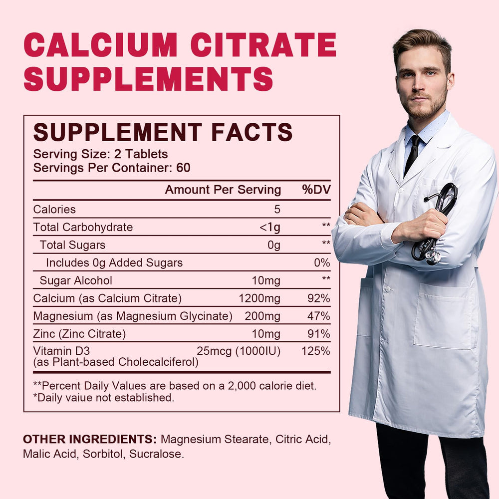 Graphic of LUCNVEM calcium citrate easy-swallow tablets for daily intake.