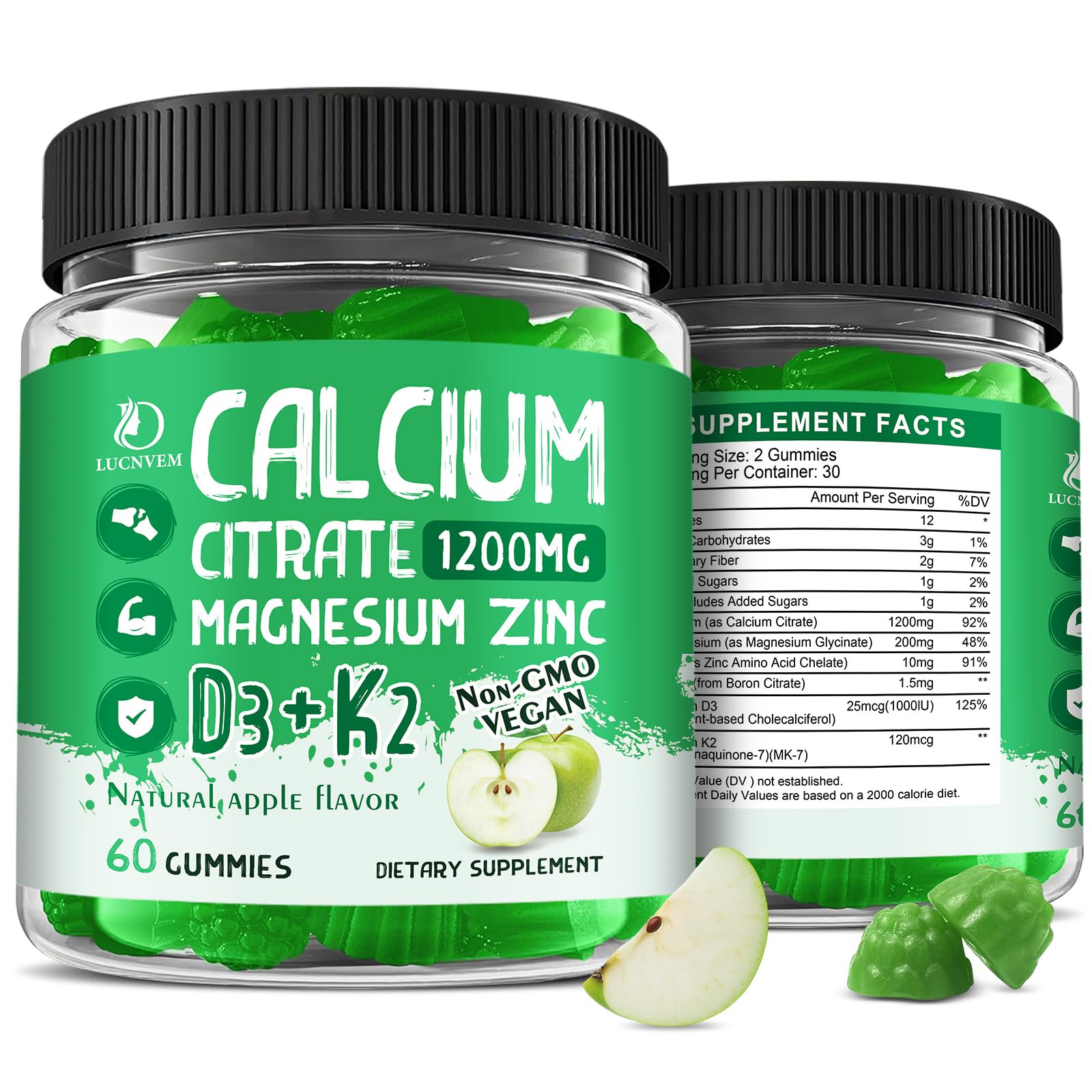 LUCNVEM calcium citrate gummies apple bottle highlights convenient daily calcium support.