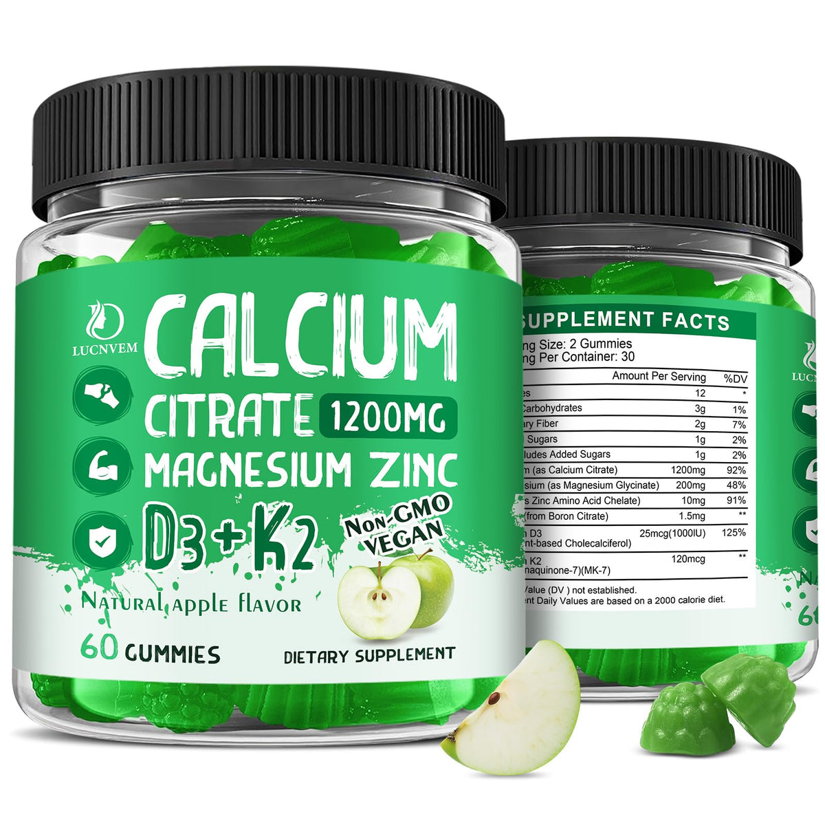 LUCNVEM calcium citrate gummies apple bottle highlights convenient daily calcium support.