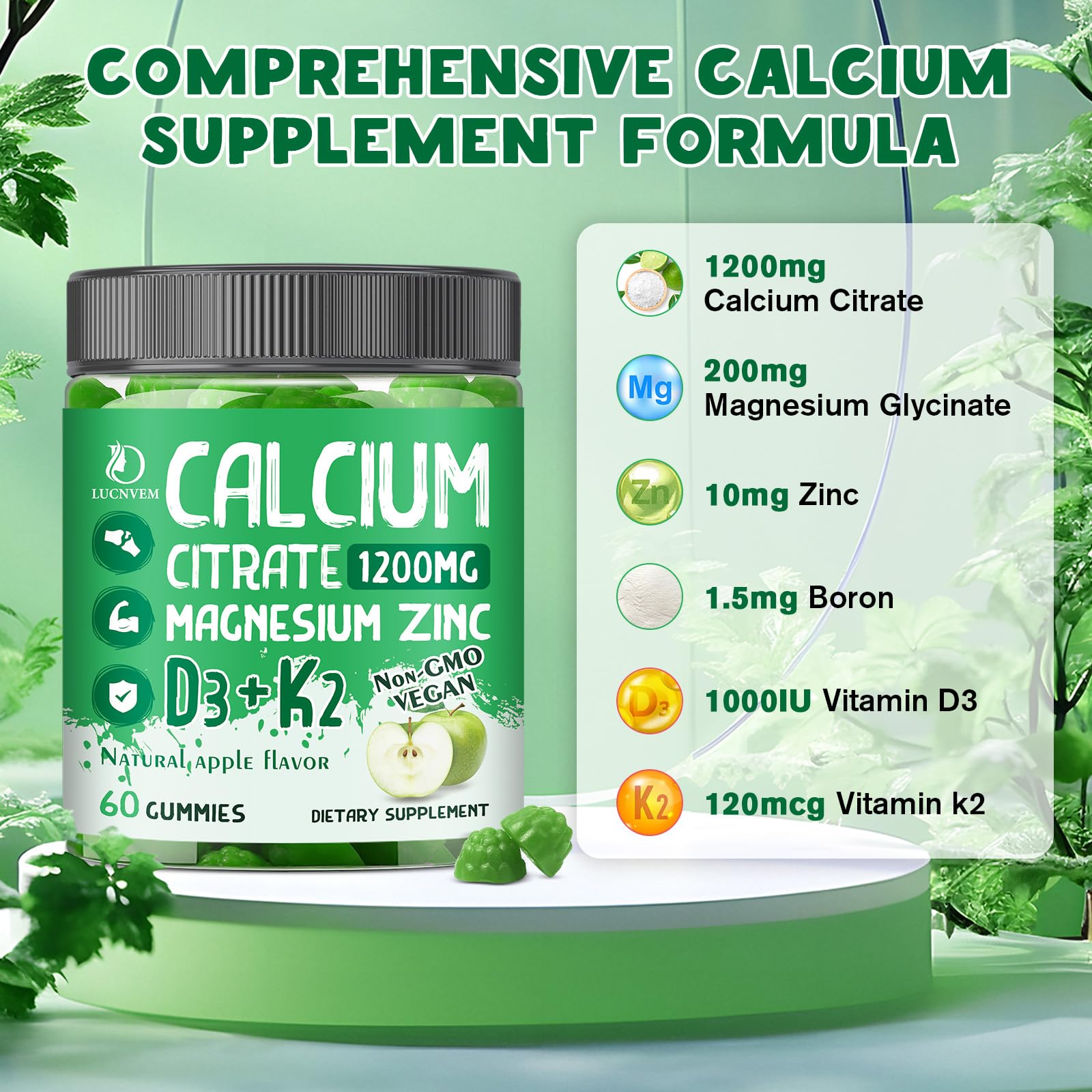LUCNVEM gummies closeup conveys easy, empty-stomach calcium intake.
