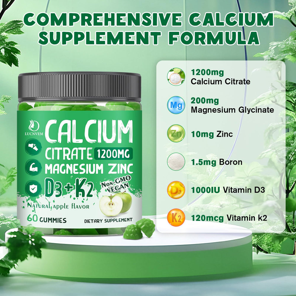 LUCNVEM gummies closeup conveys easy, empty-stomach calcium intake.