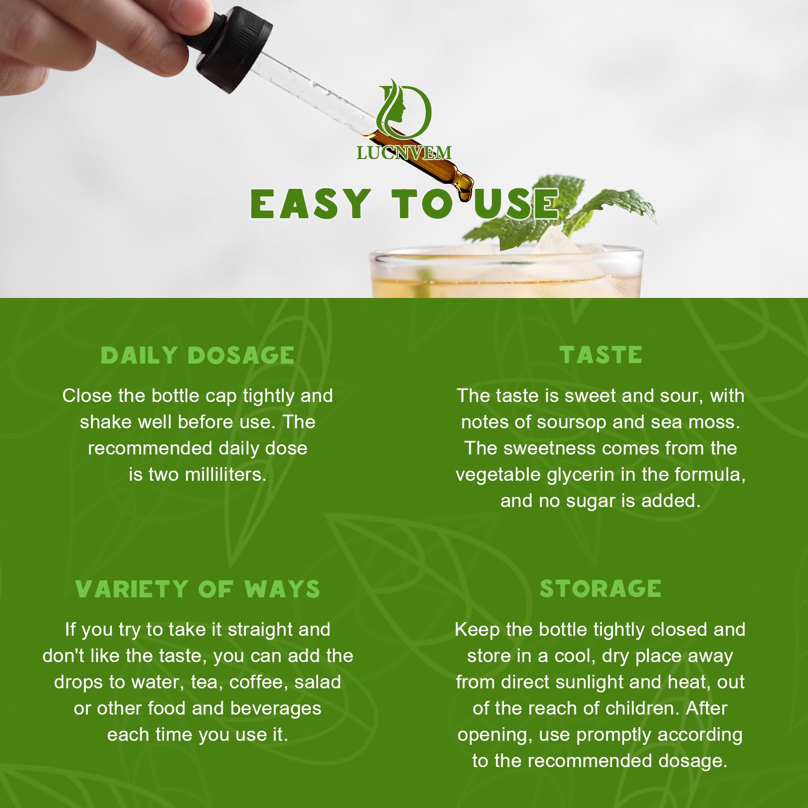 LUCNVEM ready-to-use drops fit into meals or beverages for convenience.