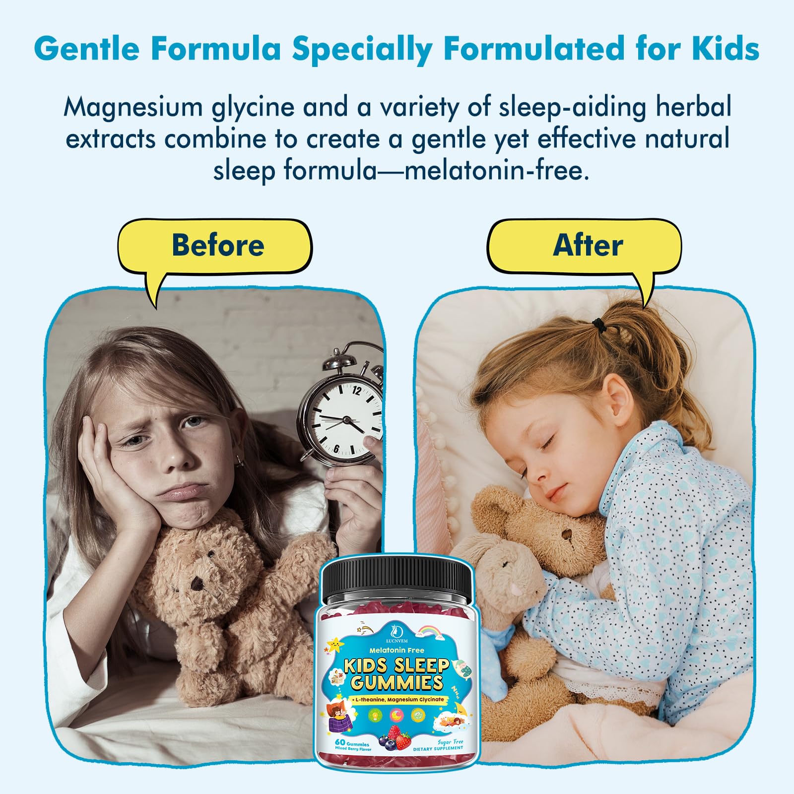 Gummies close-up from LUCNVEM emphasizes mixed berry flavor and calm evenings.