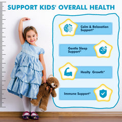 LUCNVEM Kids Sleep Gummies label highlights melatonin-free formula and calming ingredients.